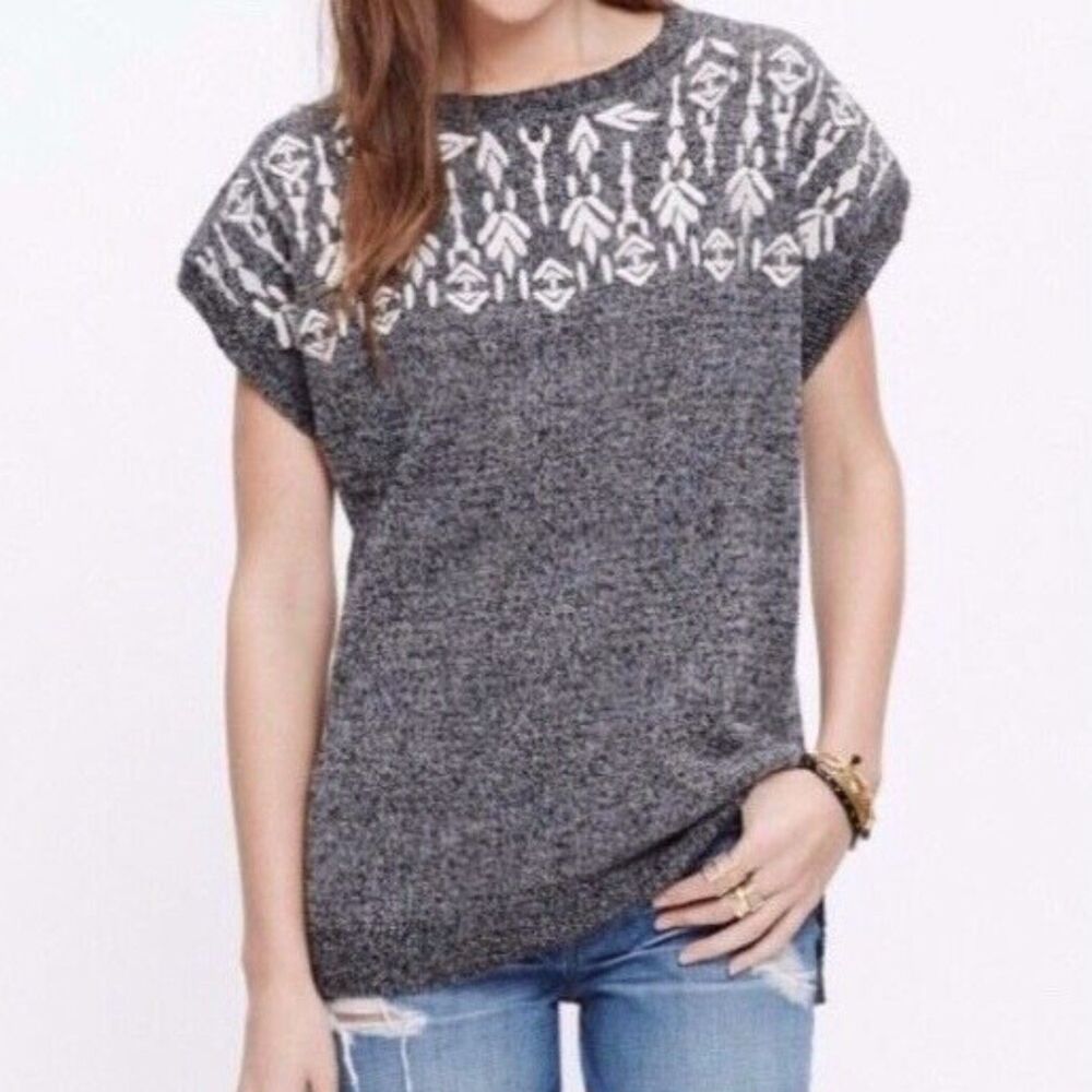Madewell Linen Embroidered Knit Sweater Top XS Gray Boho Short Sleeve Coastal
